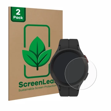 Parte frontale di una confezione del prodotto con il logo del marchio ScreenLeaf. Accanto è raffigurato il dispositivo Samsung