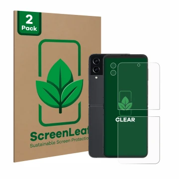 Parte frontale di una confezione del prodotto con il logo del marchio ScreenLeaf. Accanto è raffigurato il dispositivo Samsung