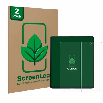 Parte frontale di una confezione del prodotto con il logo del marchio ScreenLeaf. Accanto è raffigurato il dispositivo Samsung