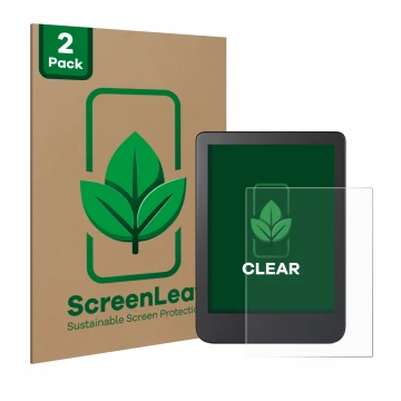 Parte frontale di una confezione del prodotto con il logo del marchio ScreenLeaf. Accanto è raffigurato il dispositivo Kobo Cl