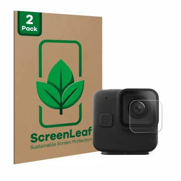 Parte frontale di una confezione del prodotto con il logo del marchio ScreenLeaf. Accanto è raffigurato il dispositivo GoPro H
