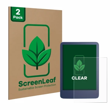 Parte frontale di una confezione del prodotto con il logo del marchio ScreenLeaf. Accanto è raffigurato il dispositivo Amazon 