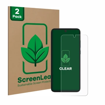 Parte frontale di una confezione del prodotto con il logo del marchio ScreenLeaf. Accanto è raffigurato il dispositivo Motorol