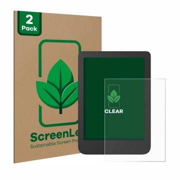 Parte frontale di una confezione del prodotto con il logo del marchio ScreenLeaf. Accanto è raffigurato il dispositivo Tolino 