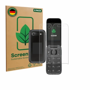 Parte frontale di una confezione del prodotto con il logo del marchio ScreenLeaf. Accanto è raffigurato il dispositivo Nokia 2