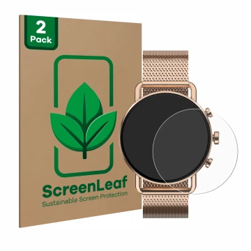 Parte frontale di una confezione del prodotto con il logo del marchio ScreenLeaf. Accanto è raffigurato il dispositivo Skagen 