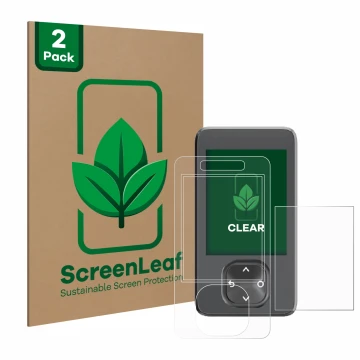 Parte frontale di una confezione del prodotto con il logo del marchio ScreenLeaf. Accanto è raffigurato il dispositivo Dexcom 