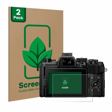 Parte frontale di una confezione del prodotto con il logo del marchio ScreenLeaf. Accanto è raffigurato il dispositivo Olympus