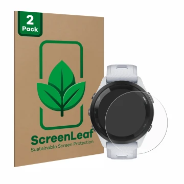 Parte frontale di una confezione del prodotto con il logo del marchio ScreenLeaf. Accanto è raffigurato il dispositivo Garmin 