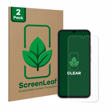 Parte frontale di una confezione del prodotto con il logo del marchio ScreenLeaf. Accanto è raffigurato il dispositivo Samsung
