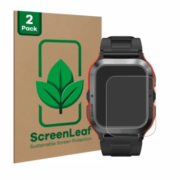 Parte frontale di una confezione del prodotto con il logo del marchio ScreenLeaf. Accanto è raffigurato il dispositivo Kospet 
