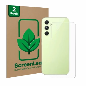Parte frontale di una confezione del prodotto con il logo del marchio ScreenLeaf. Accanto è raffigurato il dispositivo Samsung