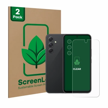 Parte frontale di una confezione del prodotto con il logo del marchio ScreenLeaf. Accanto è raffigurato il dispositivo Samsung