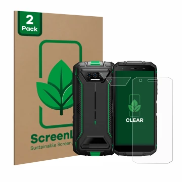Parte frontale di una confezione del prodotto con il logo del marchio ScreenLeaf. Accanto è raffigurato il dispositivo Doogee 