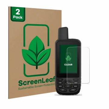 Parte frontale di una confezione del prodotto con il logo del marchio ScreenLeaf. Accanto è raffigurato il dispositivo Garmin 