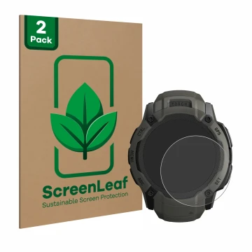 Parte frontale di una confezione del prodotto con il logo del marchio ScreenLeaf. Accanto è raffigurato il dispositivo Garmin 