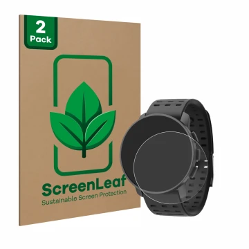 Parte frontale di una confezione del prodotto con il logo del marchio ScreenLeaf. Accanto è raffigurato il dispositivo Suunto 
