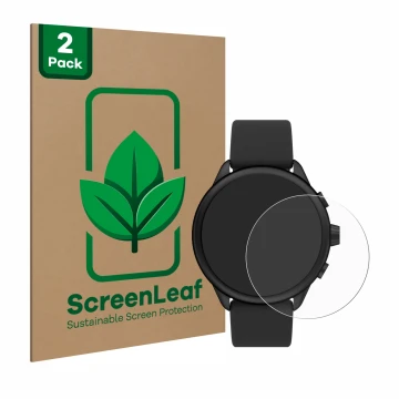 Parte frontale di una confezione del prodotto con il logo del marchio ScreenLeaf. Accanto è raffigurato il dispositivo Fossil 