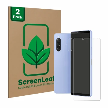 Parte frontale di una confezione del prodotto con il logo del marchio ScreenLeaf. Accanto è raffigurato il dispositivo Sony Xp
