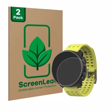 Parte frontale di una confezione del prodotto con il logo del marchio ScreenLeaf. Accanto è raffigurato il dispositivo Suunto 