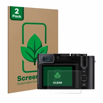 Parte frontale di una confezione del prodotto con il logo del marchio ScreenLeaf. Accanto è raffigurato il dispositivo Leica Q