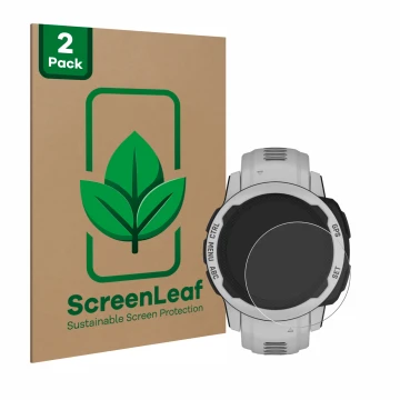 Parte frontale di una confezione del prodotto con il logo del marchio ScreenLeaf. Accanto è raffigurato il dispositivo Garmin 