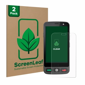 Parte frontale di una confezione del prodotto con il logo del marchio ScreenLeaf. Accanto è raffigurato il dispositivo Brondi 