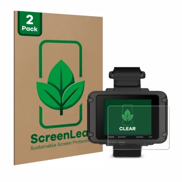 Parte frontale di una confezione del prodotto con il logo del marchio ScreenLeaf. Accanto è raffigurato il dispositivo Garmin 
