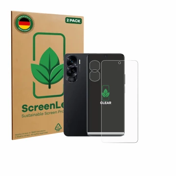 Parte frontale di una confezione del prodotto con il logo del marchio ScreenLeaf. Accanto è raffigurato il dispositivo Honor 9