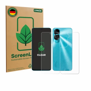 Parte frontale di una confezione del prodotto con il logo del marchio ScreenLeaf. Accanto è raffigurato il dispositivo Honor 9