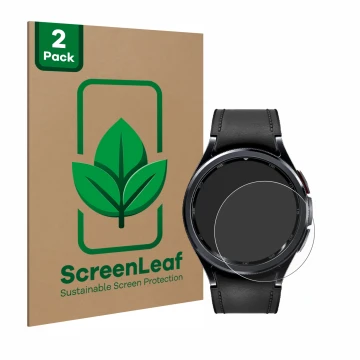 Parte frontale di una confezione del prodotto con il logo del marchio ScreenLeaf. Accanto è raffigurato il dispositivo Samsung