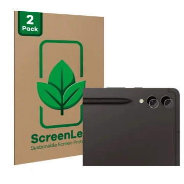 Parte frontale di una confezione del prodotto con il logo del marchio ScreenLeaf. Accanto è raffigurato il dispositivo Samsung