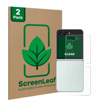 Parte frontale di una confezione del prodotto con il logo del marchio ScreenLeaf. Accanto è raffigurato il dispositivo Samsung