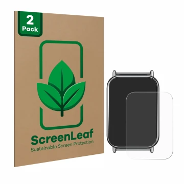 Parte frontale di una confezione del prodotto con il logo del marchio ScreenLeaf. Accanto è raffigurato il dispositivo Xiaomi 