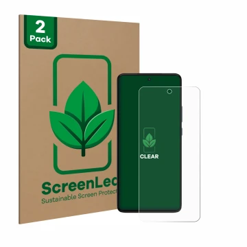 Parte frontale di una confezione del prodotto con il logo del marchio ScreenLeaf. Accanto è raffigurato il dispositivo Motorol