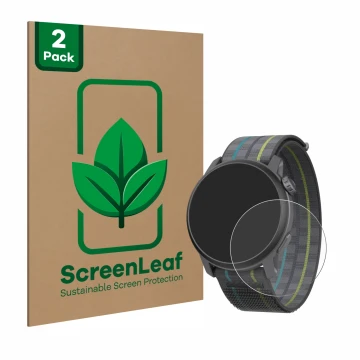 Parte frontale di una confezione del prodotto con il logo del marchio ScreenLeaf. Accanto è raffigurato il dispositivo Coros P