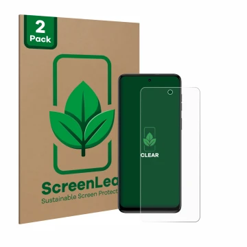 Parte frontale di una confezione del prodotto con il logo del marchio ScreenLeaf. Accanto è raffigurato il dispositivo Motorol