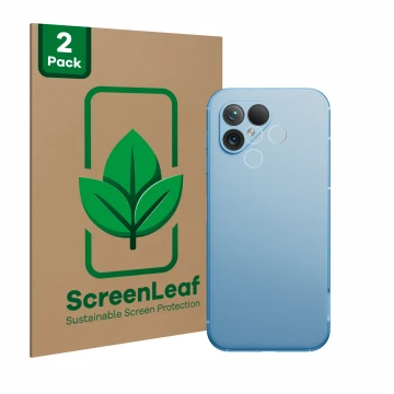 Parte frontale di una confezione del prodotto con il logo del marchio ScreenLeaf. Accanto è raffigurato il dispositivo Fairpho