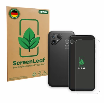 Parte frontale di una confezione del prodotto con il logo del marchio ScreenLeaf. Accanto è raffigurato il dispositivo Fairpho