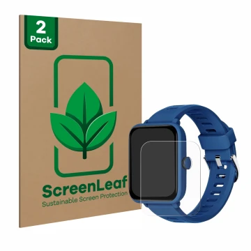 Parte frontale di una confezione del prodotto con il logo del marchio ScreenLeaf. Accanto è raffigurato il dispositivo Biggerf
