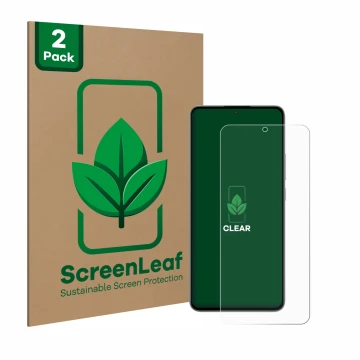 Parte frontale di una confezione del prodotto con il logo del marchio ScreenLeaf. Accanto è raffigurato il dispositivo Xiaomi 
