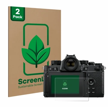 Parte frontale di una confezione del prodotto con il logo del marchio ScreenLeaf. Accanto è raffigurato il dispositivo Nikon Z