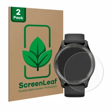 Parte frontale di una confezione del prodotto con il logo del marchio ScreenLeaf. Accanto è raffigurato il dispositivo Garmin 