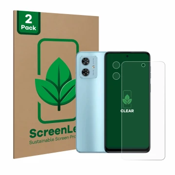 Parte frontale di una confezione del prodotto con il logo del marchio ScreenLeaf. Accanto è raffigurato il dispositivo Motorol