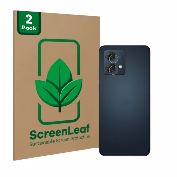 Parte frontale di una confezione del prodotto con il logo del marchio ScreenLeaf. Accanto è raffigurato il dispositivo Motorol