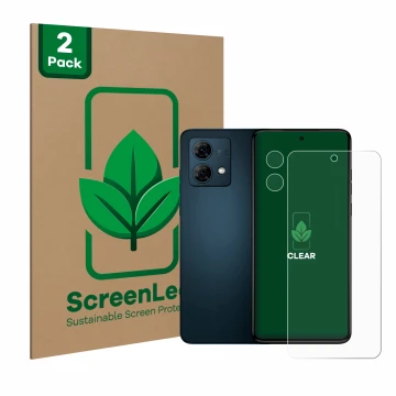 Parte frontale di una confezione del prodotto con il logo del marchio ScreenLeaf. Accanto è raffigurato il dispositivo Motorol