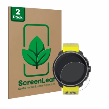 Parte frontale di una confezione del prodotto con il logo del marchio ScreenLeaf. Accanto è raffigurato il dispositivo Suunto 