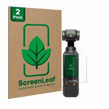 Parte frontale di una confezione del prodotto con il logo del marchio ScreenLeaf. Accanto è raffigurato il dispositivo DJI Osm