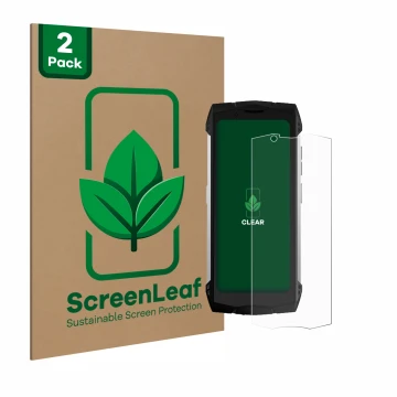 Parte frontale di una confezione del prodotto con il logo del marchio ScreenLeaf. Accanto è raffigurato il dispositivo Doogee 