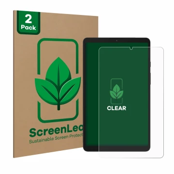 Parte frontale di una confezione del prodotto con il logo del marchio ScreenLeaf. Accanto è raffigurato il dispositivo Samsung